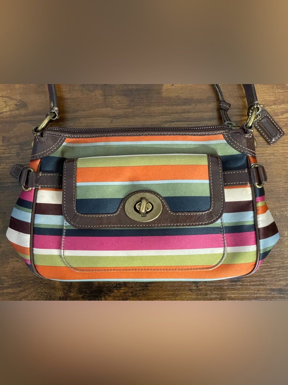 COACH 2008 Sateen Legacy Stripe Shoulder Bag w/Brown Leather Trim